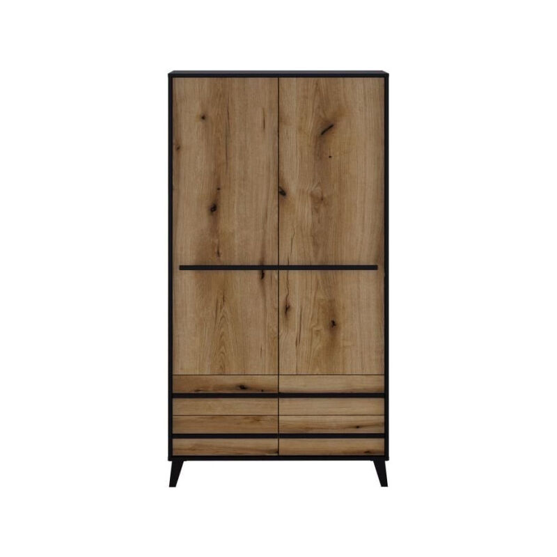 Sans Marque - Armoire heka 2 portes + 4 tiroirs - Décor noir et chene - L100 x P50 x H180 cm - Fabriqué en Espagne