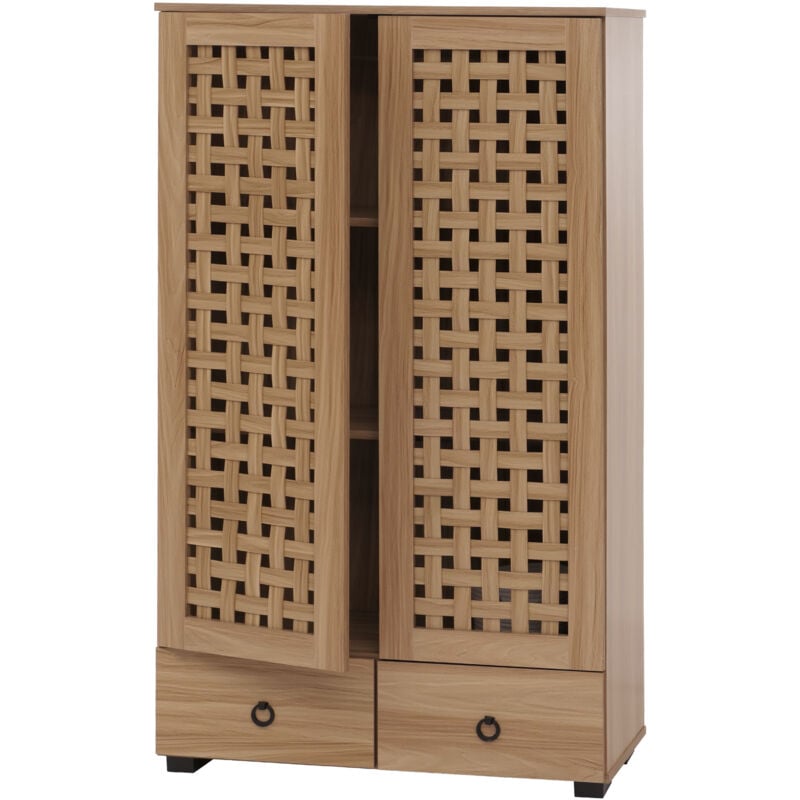 Armoire HHG 358, armoire de salon, design 3D tressé 2 portes 3 compartiments de rangement 2 tiroirs Soft-Close, 138x80x36cm, brun