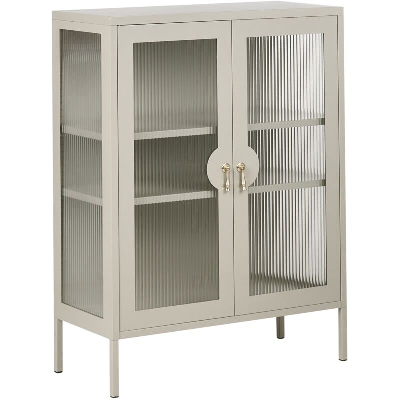 Armoire Industrielle en Métal avec Portes en Verre Cannelé Etagères Meuble de Rangement Beige Clair Gleora