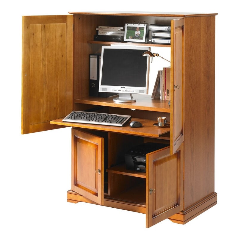 Armoire Informatique Merisier 4 Portes 7 Niches l 97 h 141 p 54 cm