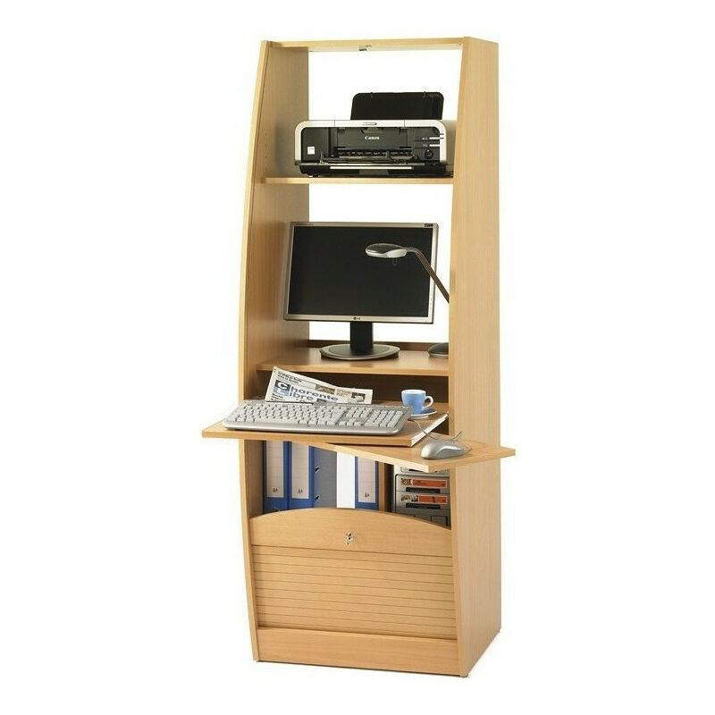 Les Tendances – Armoire informatique à rideaux en bois hêtre 60cm – Étagère réglable – Tablette coulissante – Emplacement unité centrale –