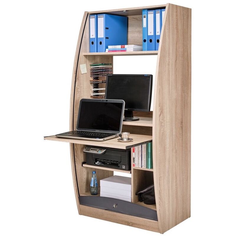 Les Tendances – Armoire informatique à rideaux chêne et noir – Dimensions L 80 x H 172 x P 59 cm – Étagère réglable et range-CD intégré – Meuble