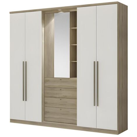 Armoire ISAK II - 4 portes - Miroir et tiroirs - L240 cm - Chêne et ivoire