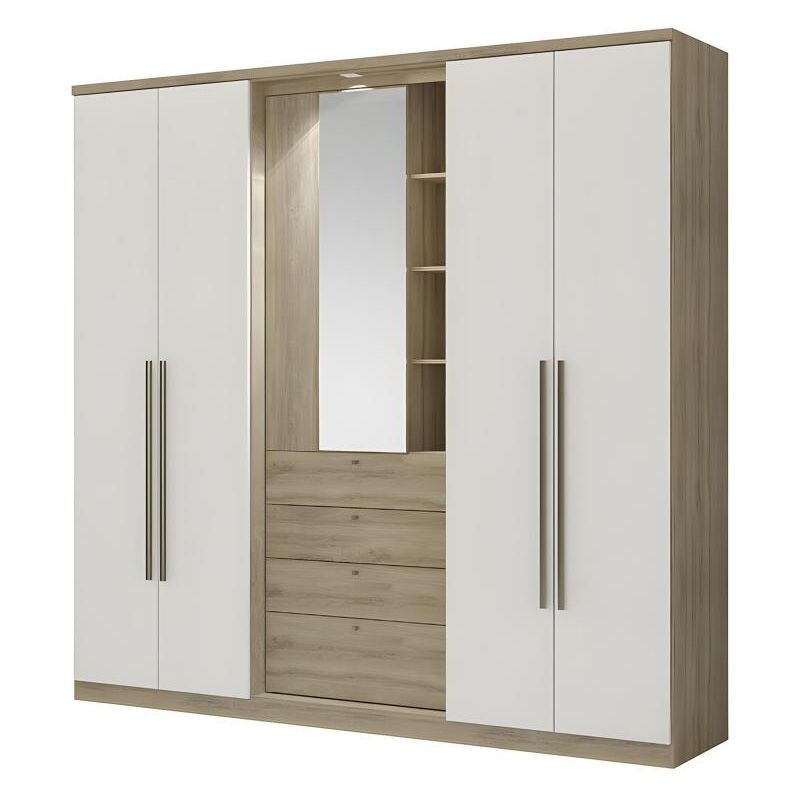 Vente-unique - Armoire isak ii - 4 portes - Miroir et tiroirs - L240 cm - Chêne et ivoire