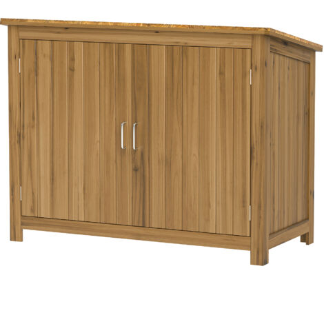 Armoire jardin bois 110x50x85cm extérieur toit incliné 2 étagères 2 portes marron