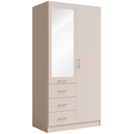 Armoire KALISTA 101 cm coloris sable avec miroir et 3 tiroirs – 2 portes battantes