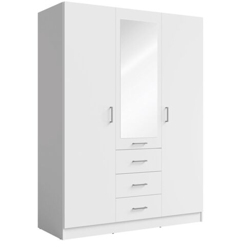 Armoire KALISTA 151 cm blanc mat avec miroir et 3 tiroirs – 3 portes battantes
