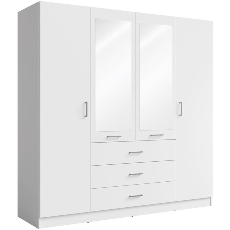 Armoire KALISTA 200 cm blanc mat – 4 portes battantes, 2 miroirs, 3 tiroirs