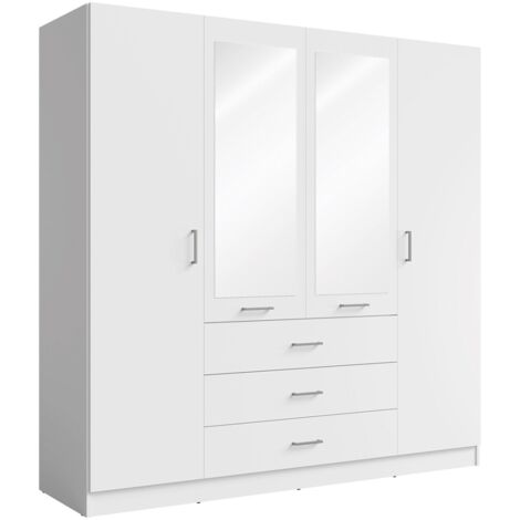Armoire KALISTA 200 cm blanc mat – 4 portes battantes, 2 miroirs, 3 tiroirs