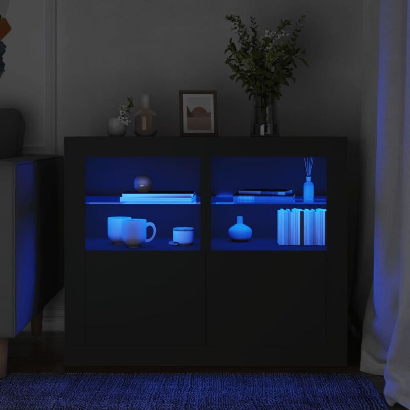 Armoires latérales et lumières LED 2 pcs noir bois d ingénierie