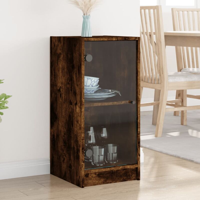 Armoire latérale avec portes en verre chêne fumé 35x37x75,5 cm Vidaxl