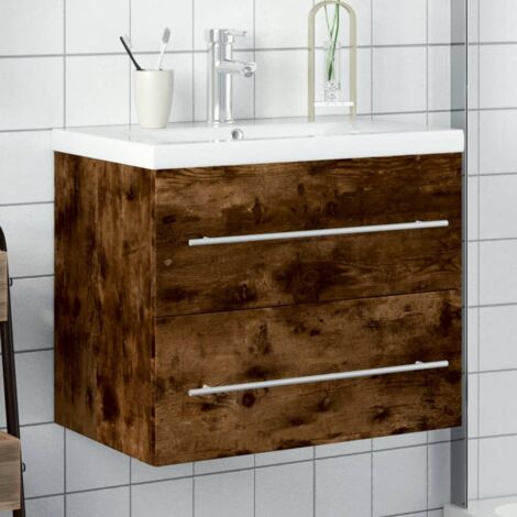 Armoire lavabo de salle de bain，Meuble de rangement avec bassin intégré chêne fumé CFW397993