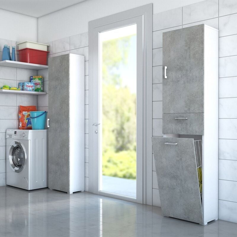 Armoire polyvalente avec panier à linge blanc avec porte en béton