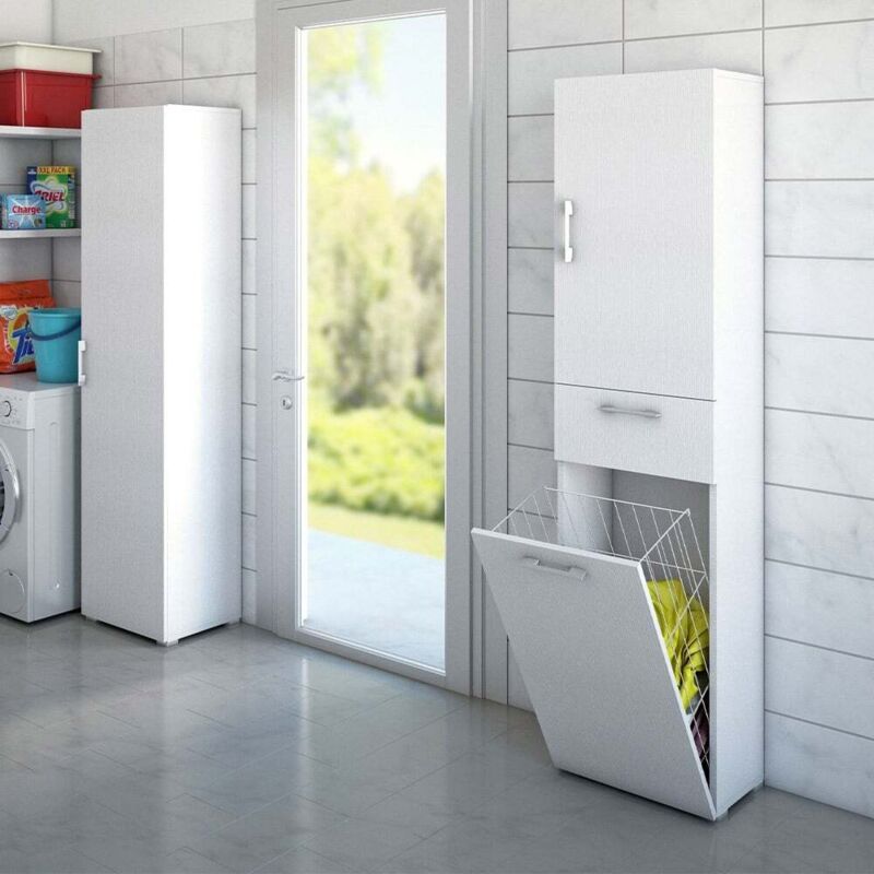 Armoire polyvalente avec panier à linge blanc