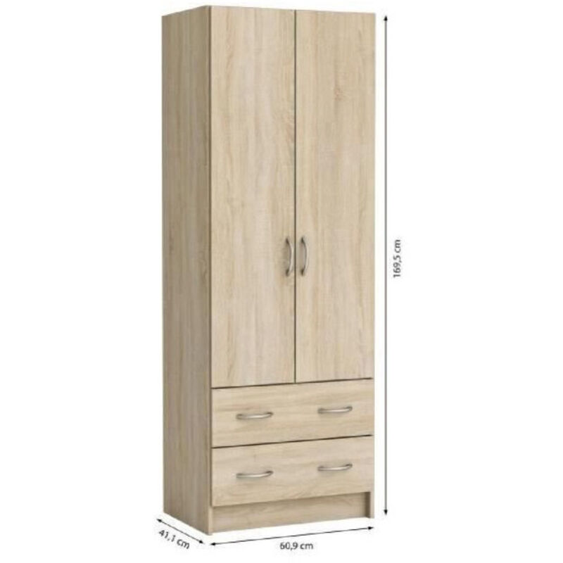 Les Tendances – Armoire classique 2 portes 2 tiroirs – Décor chêne brossé – Dimensions L 61 x P 41 x H 170 cm – Fabrication française Les Tendances – Armoire classique 2 portes 2 tiroirs – Décor chêne brossé – Dimensions L 61 x P 41 x H 170 cm – Fabrication française