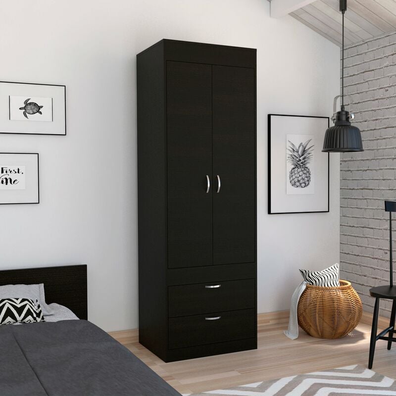 Tuhome Concept - Armoire Lisboa, avec 2 tiroirs et rail de suspension , 178.81 cm x 59.18 cm x 48 cm , Noir