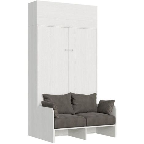 Armoire lit 120x190 avec canapé et meuble haut bois blanc Kanto-Couleur Microfibre 07