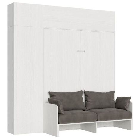 Armoire lit 120x190 escamotable avec colonne de rangement et éléments hauts avec mobilier bois frêne blanc Kanto