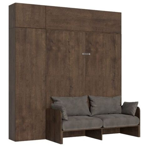 Armoire lit 120x190 escamotable avec colonne de rangement et éléments hauts avec mobilier bois noyer Kanto