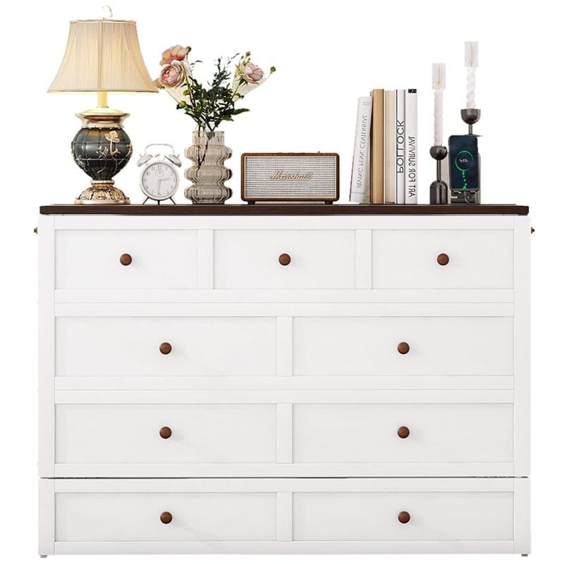 Gutent - Armoire lit 140 x 200, avec tiroirs au bout du lit, étagères à la tête du lit, usb et prises, blanc