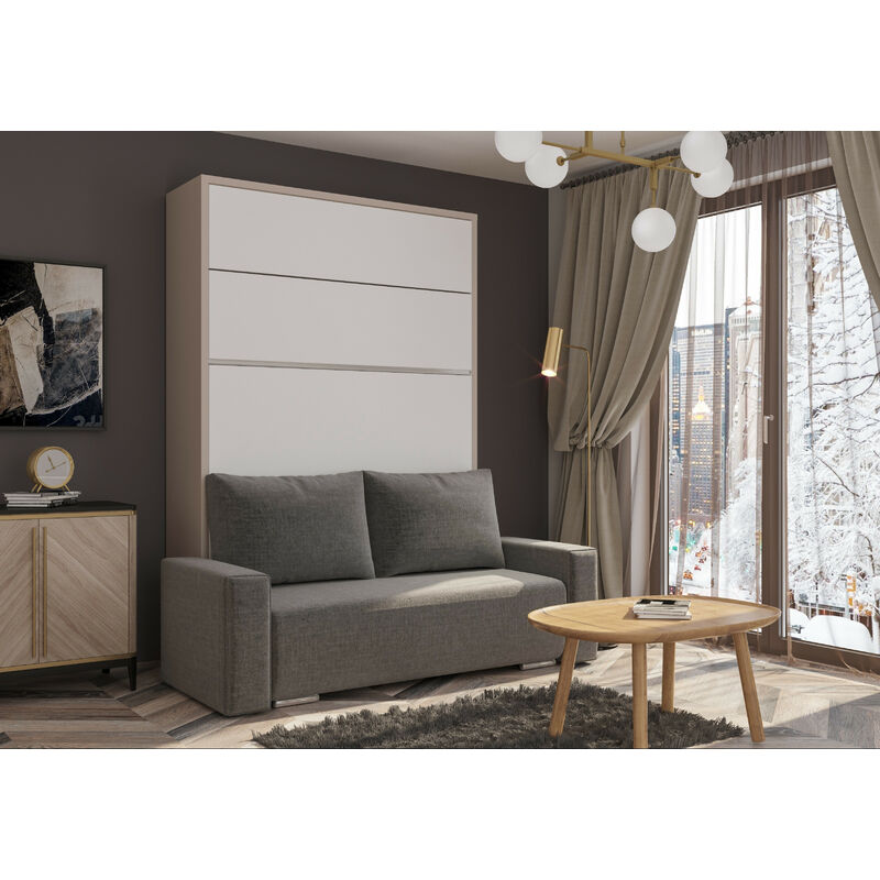 LES TENDANCES Armoire lit 140x200 cm avec canapé tissu intégré Gulia - Structure et Façade Beige Canapé