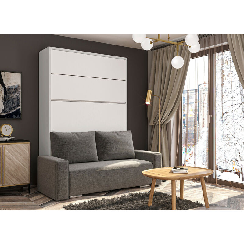 LES TENDANCES Armoire lit 160x200 cm avec canapé tissu intégré Gulia - Structure et Façade Chêne clair Canapé Gris