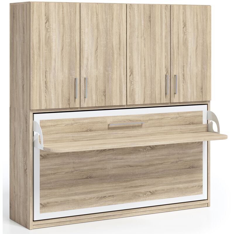 Lit escamotable horizontal 140x190 cm avec bureau et demi-dressing Spako - Haut de gamme - Couleur Rouge - Matelas Sans matelas - Dimensions