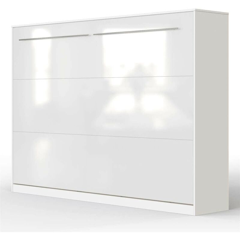 Armoire Lit escamotable 140x200cm Supérieur Horizontal Lit Rabattable Lit Mural Blanc/Blanc brillant