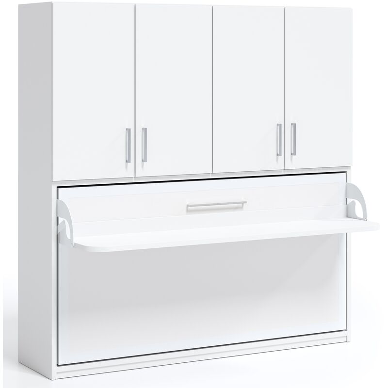 Armoire lit escamotable 90x190 cm avec rangement Spako - Dimensions Profondeur 53,5 cm - Couleur Blanc - Matelas Sans matelas