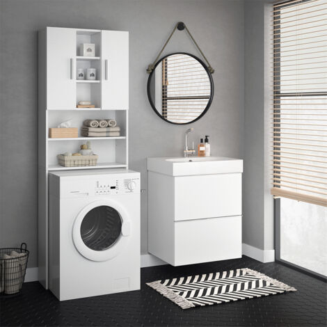 Vicco – Armoire machine à laver blanche 190 x 64 cm – Panneau de particules 16 mm – Revêtement mélamine – Rangement optimisé salle de bains