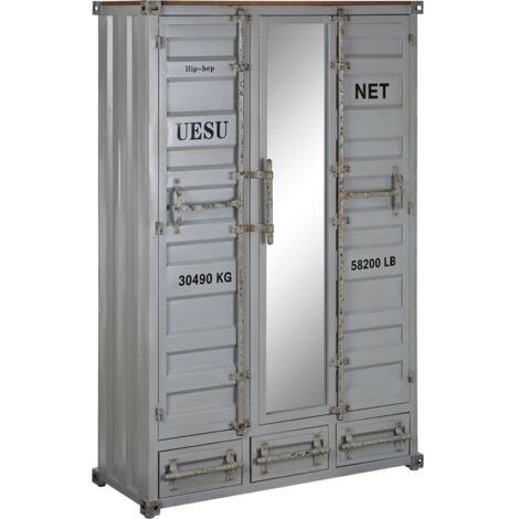 armoire métal gris style industriel avec miroir vitrine vintage - gris industriel effet container vintage