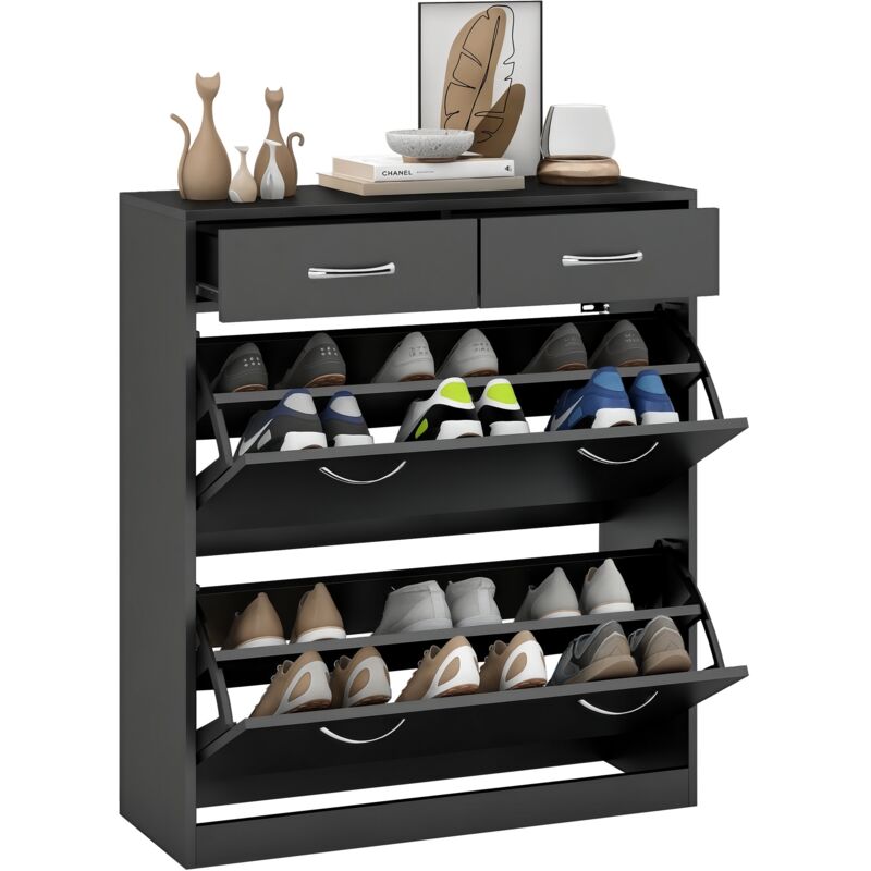 Homcom - Armoire meuble à chaussures multi-rangement 2 abattants double niveau 2 tiroirs noir