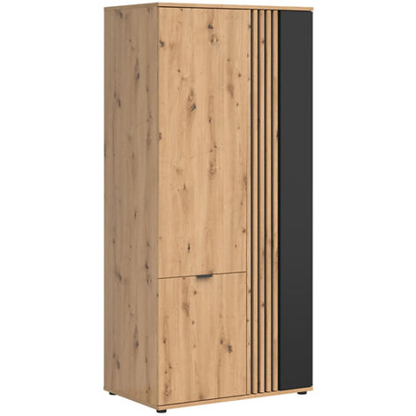 Armoire meuble de rangement à 3 portes avec décor lamelles,coloris Chêne artisan/Noir - Longueur 90,5 x Profondeur 56 x Hauteur 195,5 cm