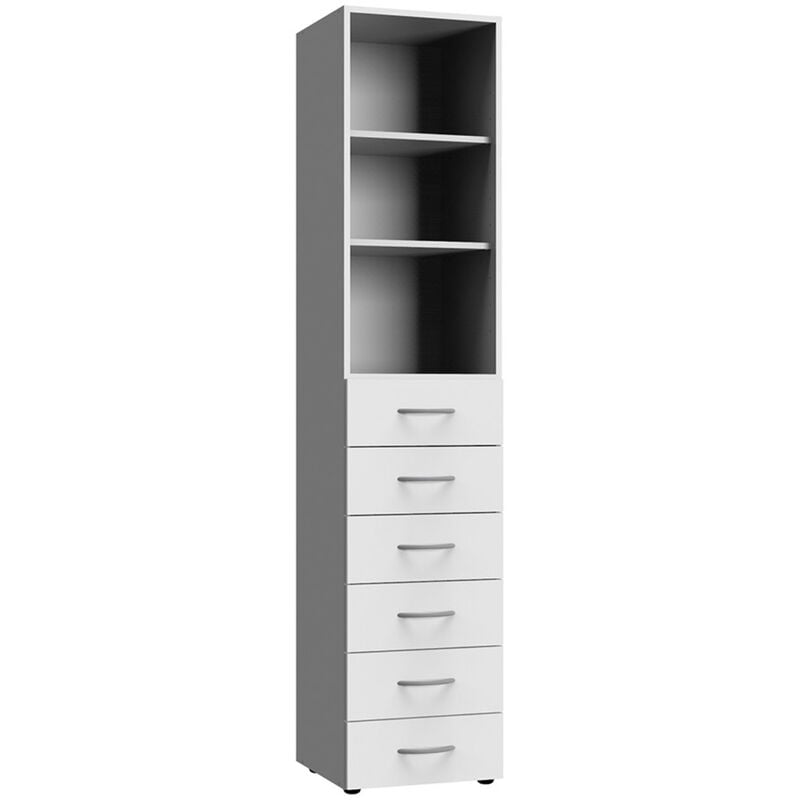 Pegane - Armoire, meuble de rangement avec 2 étagères et 6 tiroirs coloris Blanc - longueur 40 x hauteur 185 x profondeur 40 cm