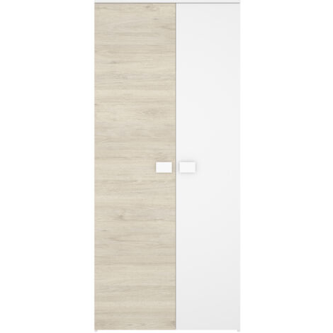 Armoire, meuble de rangement avec 2 portes coloris chêne naturel, blanc - Longueur 90 x Profondeur 52 x Hauteur 205 cm