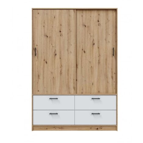 Armoire, meuble de rangement avec 2 portes et 4 tiroirs coloris blanc artic, chêne nordique - hauteur 200 x longueur 140 x profondeur 60 cm