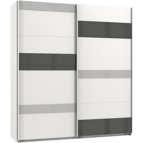 Armoire, meuble de rangement coloris blanc, rechampis et verre coloris gris - Longueur 180 x Hauteur 210 x Profondeur 65 cm -PEGANE-