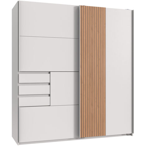 Armoire, meuble de rangement coloris Blanc, rechampis imitation chêne - Longueur 180 x Hauteur 198 x Profondeur 65 cm