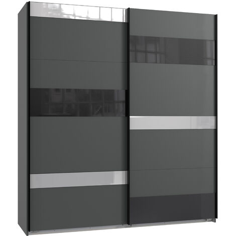 Armoire, meuble de rangement coloris graphite, rechampis et verre coloris noir - Longueur 180 x Hauteur 210 x Profondeur 65 cm -PEGANE-
