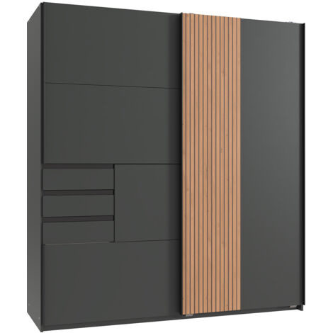 Armoire, meuble de rangement coloris graphite, rechampis imitation chêne - Longueur 180 x Hauteur 198 x Profondeur 65 cm