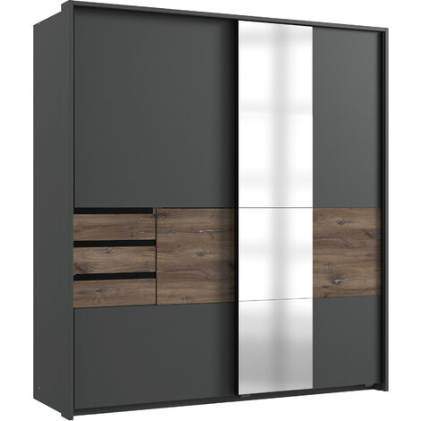 Armoire, meuble de rangement coloris graphite/rechampis imitation chêne - Longueur 180 x Hauteur 198 x Profondeur 65 cm -PEGANE-