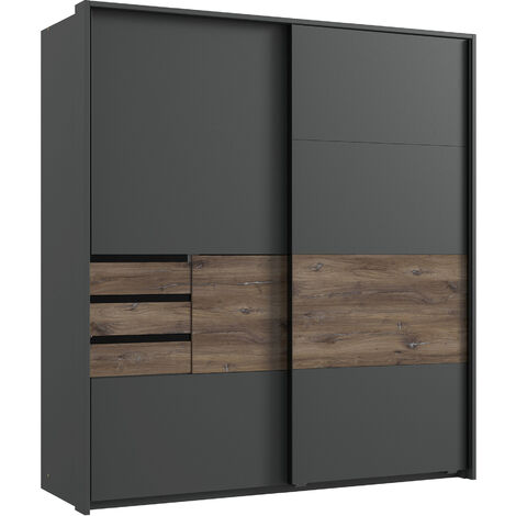 Armoire, meuble de rangement coloris graphite, rechampis imitation chêne - Longueur 180 x Hauteur 198 x Profondeur 65 cm -PEGANE-