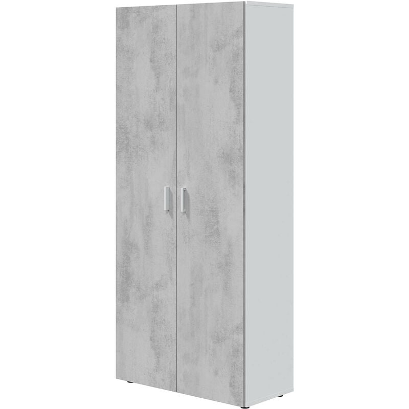 Armoire meuble de rangement en panneau de particules mélaminé coloris blanc mat et gris ciment - Hauteur 182 x Longueur 80 cm x Profondeur 37 cm