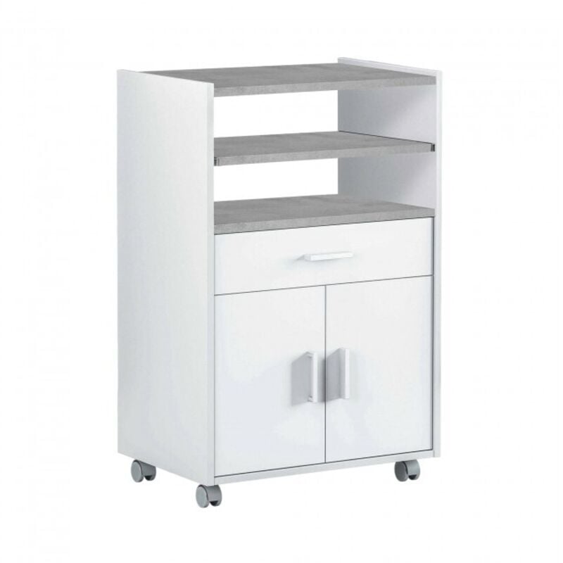 Caesaroo - Armoire micro-ondes 92 cm Blanc Matt et Ciment avec deux portes et un tiroir | Blanc