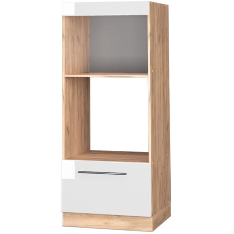 Vicco – Armoire micro-ondes 60 cm – Blanc haute brillance – Panneau de particules 16 mm – Poignées métalliques – Charnières à fermeture douce