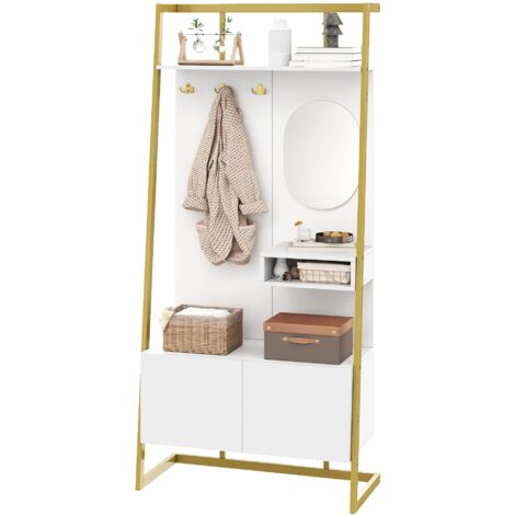 Armoire minimaliste et moderne. Compartiment ouvert permettant une utilisation polyvalente. L’armoire est équipée de miroirs, d’épingles métalliques pour ranger les vêtements. Il y a également un supp