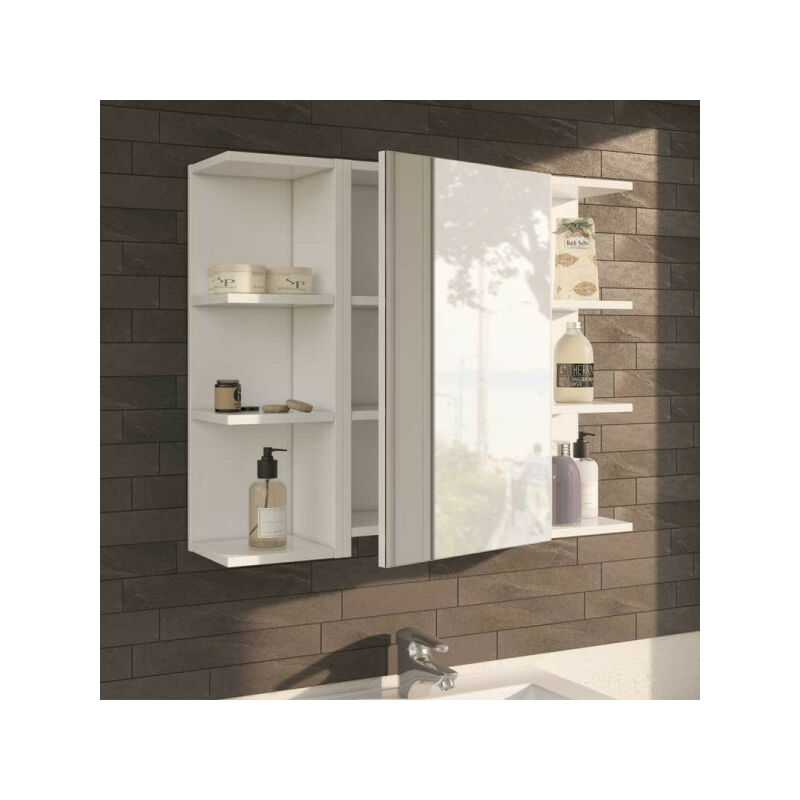 Armoire miroir 1 porte + 2 étagères d'angle - DUBA - Armoire : L 40 x l 21 x H 65 cm, Etagères : L 20 x l 19.5 x H 65 cm