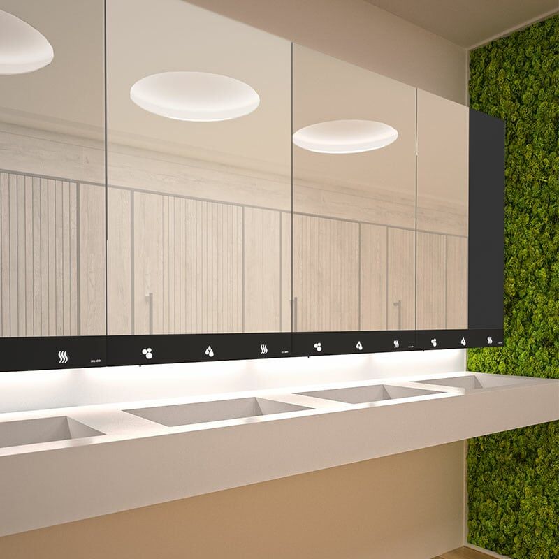 Armoire miroir 4 fonctions : Miroir, sèche-mains, distributeur de savon, robinet automatique Delabie Dimensions 60 cm