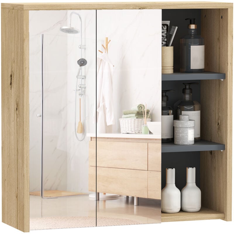 Homcom - Armoire miroir de salle de bain - 2 portes, étagère, 3 niches - dim. 60 x 20 x 60 cm - effet bois clair naturel