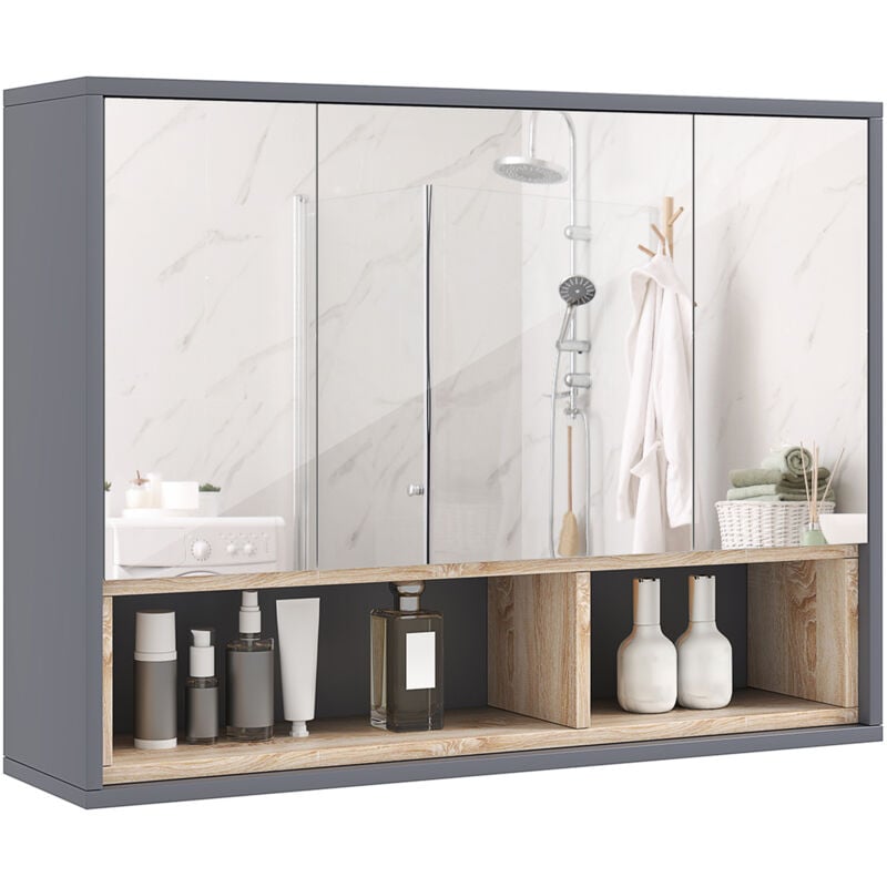 Homcom - Armoire miroir de salle de bain - 3 portes, 3 étagères, 2 niches - dim. 80 x 20 x 60 cm - gris effet bois clair naturel